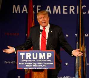 Republican presidential candidate, businessman Donald Trump, speaks during a rally coinciding with Pearl Harbor Day at Patriots Point aboard the aircraft carrier USS Yorktown in Mt. Pleasant, S.C., Monday, Dec. 7, 2015. (AP Photo/Mic Smith)