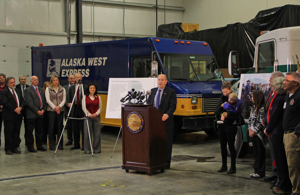 Gov. Bill Walker presents his fiscal year 2017 fiscal plan on Wednesday, Dec. 9, 2015 in Anchorage.