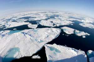This July 10, 2008 photo made with a fisheye lens shows ice floes in Baffin Bay above the Arctic Circle, seen from the Canadian Coast Guard icebreaker Louis S. St-Laurent. I