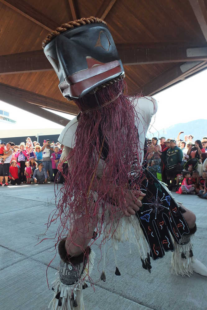 David Boxley dances as part of the Git-Hoan Dancers at the dedication ceremonies for the Walter Soboleff Building on May 15. Boxley is a Tsimshian artist who with his son, David Boxley Jr., created the clan house front screen one sees upon entering the Walter Soboleff Building.