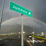 A momentary break in the clouds creates a double rainbow over downtown Juneau on Oct. 19.