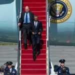 Pres. Barack Obama arrives on Air Force One at Joint Base Elmendorf-Richardson in Anchorage with Gov. Bill Walker on Aug. 31.