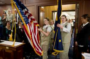 Members of the Girl Scouts of Alaska's Juneau Service Unit Honor Guard carry the colors into the House chambers on the first day of the 29th Legislature at the Capitol in Juneau on Tuesday, Jan. 19, 2016.