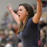 Thunder Mountain girl's basketball head coach Tanya Nizich yells at her team Friday, Jan. 22, 2016, during the Lady Falcons' 30-59 loss to Ketchikan High School in the Clarke Cochrane Gym.