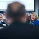 Sen. Anna MacKinnon, R-Eagle River, right, questions John Tichotsky, chief economist for the Department of Revenue, during a revenue forecast presentation to the Senate Finance Committee at the Capitol on Monday.