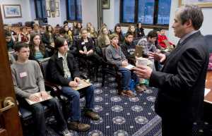Rep. Sam Kito, D-Juneau, speaks to Dzantik'i Heeni Middle School eighth graders about how their government works at the Capitol on Monday. The League of Women Voters is sponsoring Capitol visits during this legislative session for all Juneau eighth graders, bringing them to the Capitol, the Dimond Courthouse, and the State Office Building.