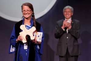 Vicki Soboleff displays her Margaret Nick Cooke Award for Alaska Native Arts and Languages during the 2016 Governor's Awards for the Arts & Hunanities held at the Juneau Arts & Culture Center in Juneau on Jan. 28, 2016.