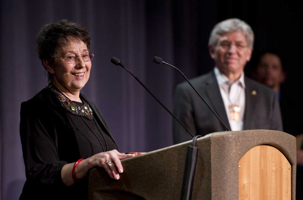 Lifetime Achievement Award for the Arts winner June Rogers of Fairbanks speaks during the 2016 Governor's Awards for the Arts & Humanities held at the Juneau Arts & Culture Center in Juneau on Jan. 28.