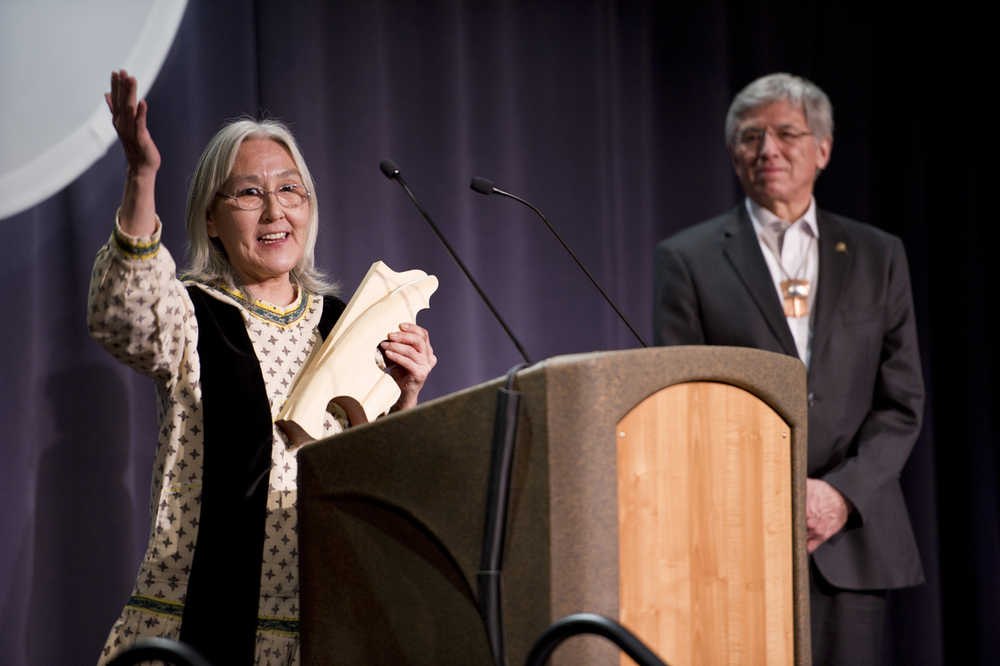 Distinguished Service to the Humanities winner Lucy Ahvaiyak Richards speaks during the 2016 Governor's Awards for the Arts & Humanities held at the Juneau Arts & Culture Center in Juneau on Jan. 28.