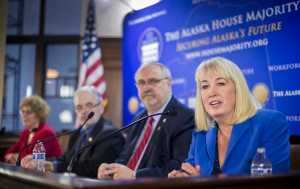 Rep. Cathy Muñoz, R-Juneau, right, speaks during a House Majority press conference at the Capitol on Thursday. Also attending are Rep. Craig Johnson, R-Anchorage, Rep. Bob Herron, D-Bethel, and Rep. Gabrielle LeDoux, R-Anchorage.
