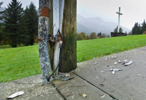 Electrical wiring was damaged by a vehicle at Evergreen Cemetery Monday evening. The vehicle went into the cemetery after hitting the pole.