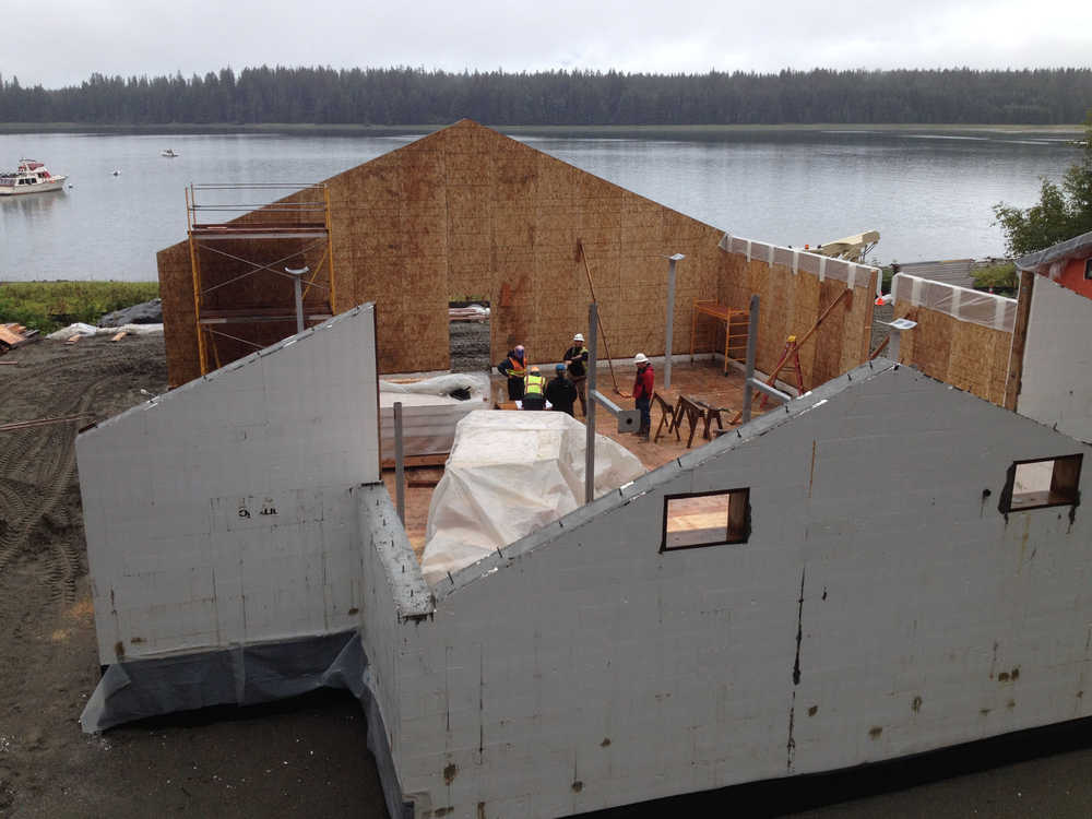 Contractors put the walls of the tribal house up in summer/fall of 2015. They will ultimately be cladded outside and in with hand-adzed cedar planking.
