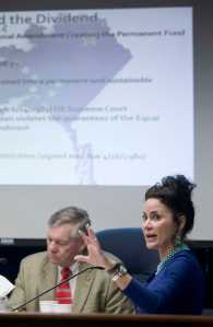 Sen. Lesil McGuire, R-Anchorage, introduces her bill, SB 114, to the Senate State Affairs Committee at the Capitol on Tuesday. McGuire's bill relating to the Alaska Permanent Fund Corporation is a competing bill to the one offered by Gov. Bill Walker.