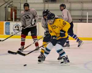 Carol Baker, 16,  controls the puck for the JAHA Comets during hockey action Monday night against the Mendenhall Valley team. Gail Blundell is shown challenging Baker, as Spike Bicknell, right, and James McDermott look on. The game ended in a tie, 1-1 . In earlier action, White Pass defeated the Shamrocks 2-1 on two goals by Jesse Post.