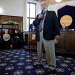 Rep. Bob Lynn, R-Anchorage, tells a light-hearted story during a memorial for Rep. Max Gruenberg, D-Anchorage, at the Capitol on Tuesday. Gruenberg, 72, died on Sunday at his home in Juneau.