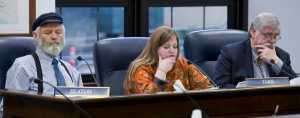 House Resources Committee members Rep. Paul Seaton, R-Homer, left, Rep. Geran Tarr, D-Anchorage, center, and Rep. Kurt Olson, R-Soldotna, listen to testimony on HB 253 at the Capitol on Friday. The Mining License Tax Bill would increase taxes from 7 percent to 9 percent on mines making over $100,000 per year.