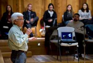 Dr. Larry Kimura, Associate Professor of Hawaiian Language and Hawaiian Studies at the Ka Haka 'Ula O Ke'elikōlani College of Hawaiian Language at the University of Hawai"i at Hilo and Co-founder of the 'Aha Pūnana Leo, speaks at the Alaska Language Summit at the Walter Soboleff Center on Tuesday.