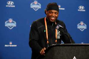 Alabama running back Derrick Henry speaks during a press conference at the NFL football scouting combine in Indianapolis on Wednesday.