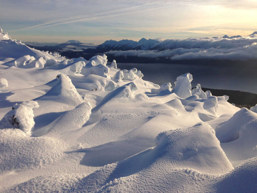 Ice gnomes frozen at the top of the east ridge at Eaglecrest. (Photo by Eric Olsen)