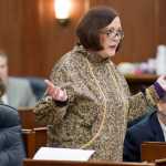 Sen. Berta Gardner, D-Anchorage, speaks Friday against SB 89 that would prohibit a school district from contracting with an abortion services provider or allowing them to furnish course materials or instruction concerning sexuality or sexually transmitted diseases. The bill passed on a 11-7 vote.