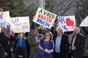 Callie Conerton, vice chair for the Coalition of Student Leaders of the University of Alaska system, rallies a crowd of more than 50 supporters at noon on Tuesday in front of the Capitol to encourage greater education funding. The House Finance Subcommittee moved forward approximately $50 million in cuts from the budget proposed by the UA Board of Regents putting research funding at a "bare minimum," according to supporters.  Speakers at the rally included Rep. Sam Kito III, D-Juneau, Rep. Adam Wool, a Fairbanks Democrat whose district includes UAF, and current UA system students from across the state.
