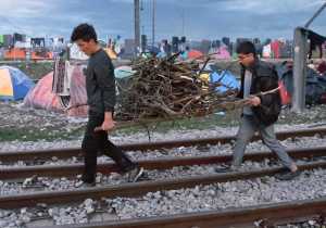 Men carry tree branches for firewood at the northern Greek border station of Idomeni, Friday, March 4, 2016. More than 10,000 mostly Syrian and Iraqi refugees were stuck at the country's Idomeni border as Greek officials said that nearly 32,000 migrants were stranded in the country after drastically reduce of number of transiting migrants.(AP Photo/Vadim Ghirda)
