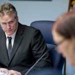 Sen. Mike Dunleavy, R-Wasilla, listens to Sen. Berta Gardner, D-Anchorage, during a Senate Education Committee hearing at the Capitol on Thursday as she asks questions concerning his bill, SB 191, that mandates penalties on teachers, including termination or the loss of their teaching certificates, for using sex ed materials from an abortion care provider.