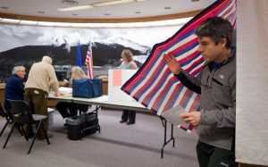 Fred Hiltner exits a voting booth in the Assembly Chambers after taking advantage of early voting on Friday. Monday is the last day of early voting at both the Assembly Chambers and the Mendenhall Mall. Election day is Tuesday.