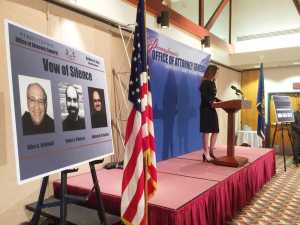 Attorney General Kathleen Kane announces criminal conspiracy charges against leaders of the Franciscan Order located in Holidaysburg, Pa., on Tuesday, March 15, 2016, in Johnstown, Pa. Three ex-leaders of the Franciscan religious order were charged Tuesday with allowing a friar who was a known sexual predator to take on jobs, including a position as a high school athletic trainer, that enabled him to molest more than 100 children. (Ed Hille /The Philadelphia Inquirer via AP)  PHIX OUT; TV OUT; MAGS OUT; NEWARK OUT; MANDATORY CREDIT