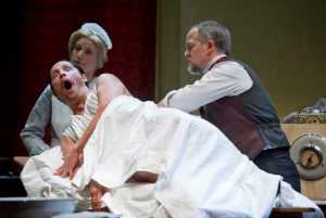 Enrique Bravo, left, Katie Jensen and Torsten Hillhouse rehearse in Sarah Ruhl's "In the Next Room, or the vibrator play" at Perseverance Theatre on Saturday.