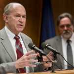 Gov. Bill Walker and Department of Revenue Commissioner Randall Hoffbeck, right, give their Spring Revenue Forecast during a press conference at the Capitol on Monday.