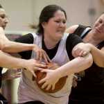 Haines' Tiffany DeWitt, center, tries to fend off Craig's Jessica Lingley, left, and Sarah Dybdahl during their Womens bracket game in the 2016 Juneau Lions Club 70th Gold Medal Basketball Tournament at Juneau-Douglas High School on Thursday. Craig won 59-45.