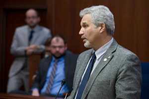 Sen. Pete Kelly, R-Fairbanks, introduces a new bill pertaining to the public employees' and teachers' retirement systems during the Senate session Monday. The bill will be given a first hearing on Tuesday.