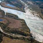 The Gilkey River flows into Berners Bay, as seen from a flight leaving the Juneau Icefield fall 2015. Photo by Kenneth John Gill, aka Gillfoto.
