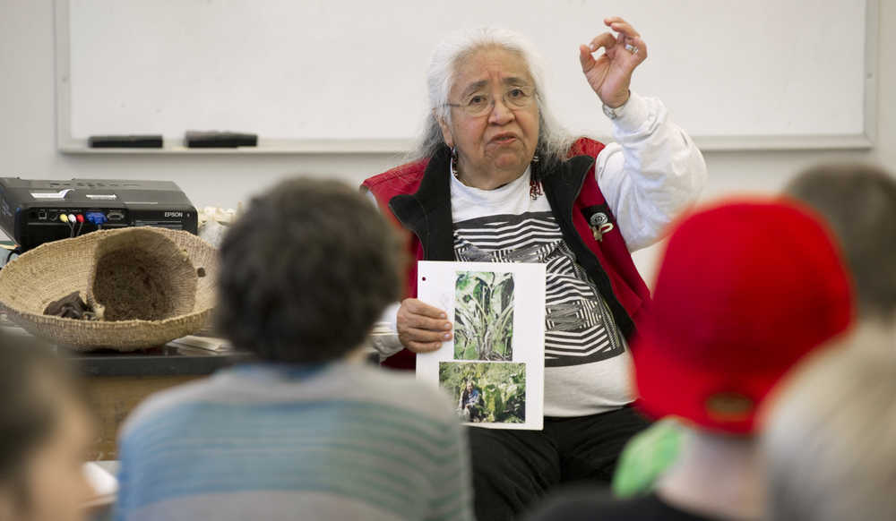 Helen Watkins talks to biolog teacher Henry Hopkins' freshman class at Juneau-Douglas High School in October 2010 about her Tlingit food gathering and resource utilization.