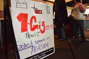 A sign proclaims the availability of gigabit Internet service on April 2, 2016 at the GCI store in the Mendenhall Valley.