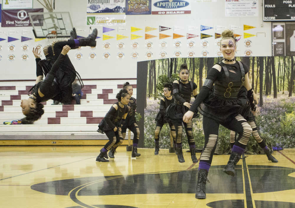 The witches group performs the "Enchanted Forest" tournament routine. From left, Julianna Kawakami, Jorace Gonzales, Noalani Davenport, Bella Bugayong, Jonah Gonzales, Hannah Sheridan,