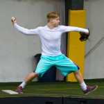 Thunder Mountain High School's Fletcher Sebens warms up on Tuesday at the Wells Fargo Dimond Park Fieldhouse.
