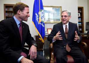 Senate Judiciary Committee member Sen. Richard Blumenthal, D-Conn., left, meets with Judge Merrick Garland, President Barack Obama's choice to replace Antonin Scalia on the Supreme Court, Thursday, April 7, 2016, in the Blumenthal's office on Capitol Hill in Washington. (AP Photo/Sait Serkan Gurbuz)