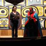 Chantal Bilodeau reads and excerpt from her play with help from Mary Jack, a high schooler traveling with the Heather Powell and the Tidelines Ferry Tour, during their visit to Chief Shakes' Tribal House in Wrangell.