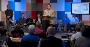 Zane Jones and Paul Voelckers, left, of MRV Architects, make a presentation for a new arts complex to the Selection Committee of the Architectural Firm at KTOO on Monday. The committee heard presentations by MRV, NorthWind, and Jensen Yorba Lott.