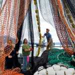 Haley Kelley, left, Bill White, center, and Cosmo Fudge check their 250-fathom long seine net for holes while docked at the Statter Memorial Boat Harbor in Auke Bay in July 2012. Juneau's Docks and Harbors Board is working to revise a portion of city code pertaining to a commercial fishing moorage discount.