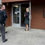 Legislative Affairs Agency Executive Director Pam Varni welcomes Senate President Kevin Meyer, R-Anchorage, left, and Sen. Gary Stevens, R-Kodiak, to the Bill Ray Center for a tour of the building on Monday. The legislature leadership is looking for office space to continue working in Juneau while construction starts in earnest at the Capitol.