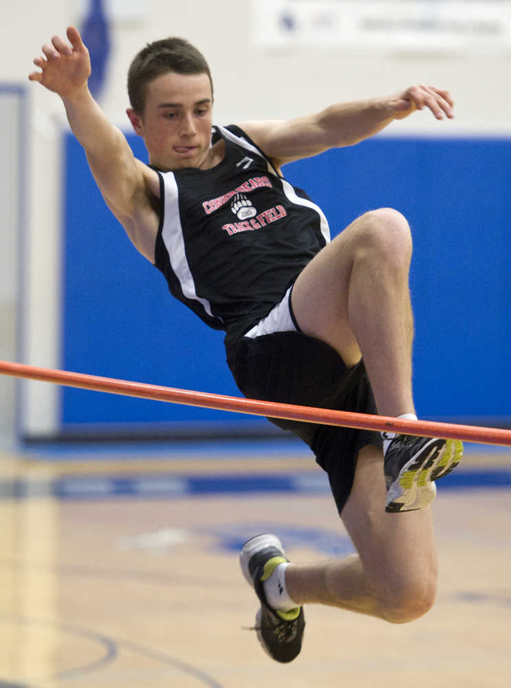 Juneau-Douglas' Noah Machakos competes in the boys high jump during the Capital Invitational Field & Track Meet at Thunder Mountain High School on Friday.