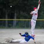 Thunder Mountain's Finn Collins safely steals second base as Juneau-Douglas' Bryce Swofford jumps for an overthown ball at Adair-Kennedy Memorial Park on Friday.
