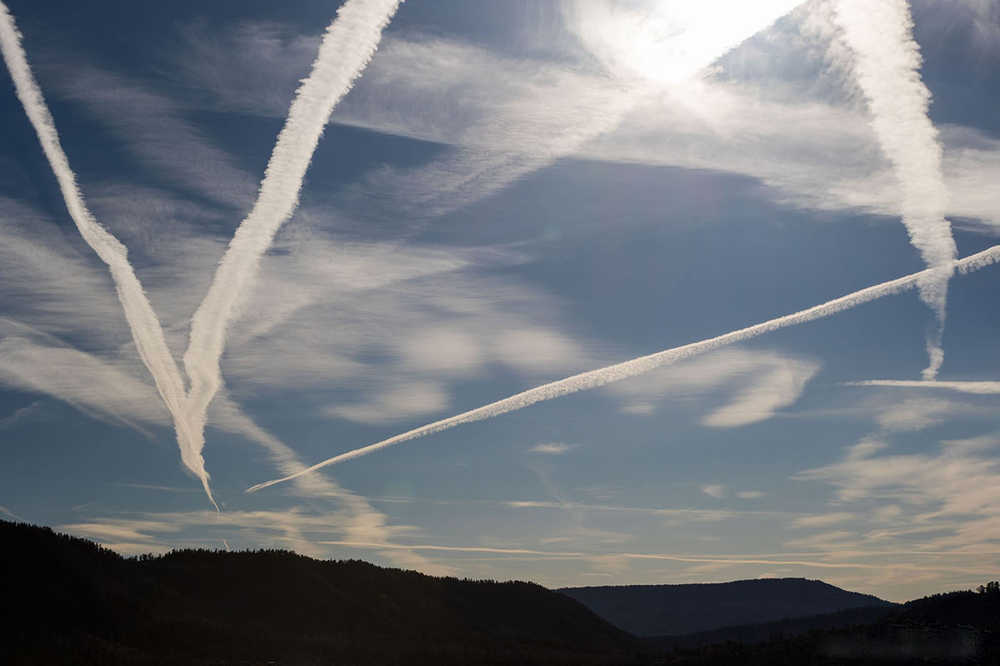 Miles of contrails decorate the sky. Photo by Kerry Howard.