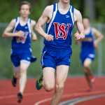 Sitka's Colin Baciocco rounds a turn followed by teammate freshman Joseph Pate during the finals of the small school's 3200 meter run during the Region V Track and Field Championships at TMHS on Friday. They held their positions to finish first and second.