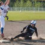Thunder Mountain's Alondra Echiverri makes it to third just ahead of Sitka shortstop Minh Iwamoto Friday, May 20, in Sitka.