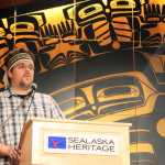 David R. Boxley gives an acceptance speech for winning "Best of Show" in the Northwest Coast Juried Art Show during the awards ceremony Wednesday in the Walter Soboleff Building's clan house.