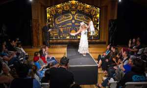 Majorie Taabone models a dress by Maria Shaa Tlaa during the Celebration 2016 Native Fashion Show in the Shuka Hit Clan House at the Walter Soboleff Center on Friday.